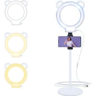 ARO DE LUZ LED 18CM OSO PANDA BASE FLEXIBLE SOPORTE CELULAR COLOR BLANCO