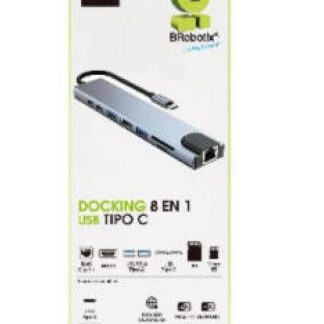 BROBOTIX DOCKING STATION 8 EN 1 USB C 2X USB 3.0 1X SD 1X MICRO SD 1X HDMI 1X RJ-45 2X USB C PLATA
