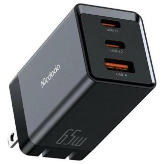 CARGADOR 3 PUERTOS 65W PD CARGA RAPIDA 2 USB-C Y 1 USB-A QC NEGRO