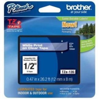 CINTA BROTHER TZES135 - TEXTO BLANCO SOBRE FONDO TRANSPARENTE - 12MM X 8MTS.