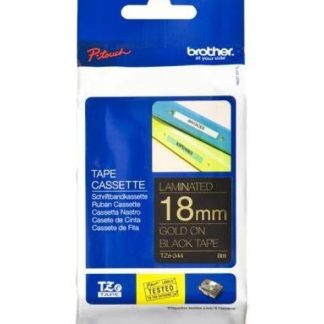 ETIQUETA NEGRA CONTINUA LAMINADA BROTHER TZE344 DE 18 MM DE ANCHO X 8 MTS DE LARGO. IMPRESION EN DORADO.