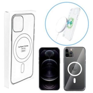 FUNDA MAGNETICA CARGA INALAMBRICA PARA IPHONE 12 PRO MAX COLOR TRANSPARENTE LISO