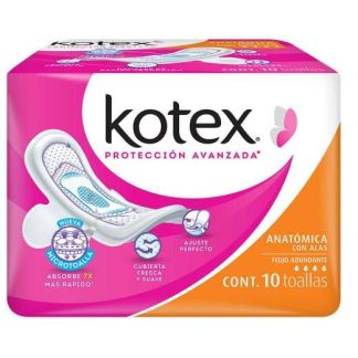 TOALLA FEMENINA KOTEX ANATOMICA CON ALAS PAQUETE CON 10 PIEZAS