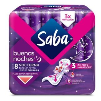 TOALLA FEMENINA SABA BUENAS NOCHES EXTRA LARGA CON ALAS PAQUETE CON 8 PIEZAS