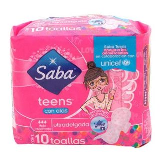 TOALLA FEMENINA SABA TEENS DELGADA CON ALAS PAQUETE CON 10 PIEZAS