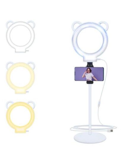ARO DE LUZ LED 18CM OSO PANDA BASE FLEXIBLE SOPORTE CELULAR COLOR BLANCO