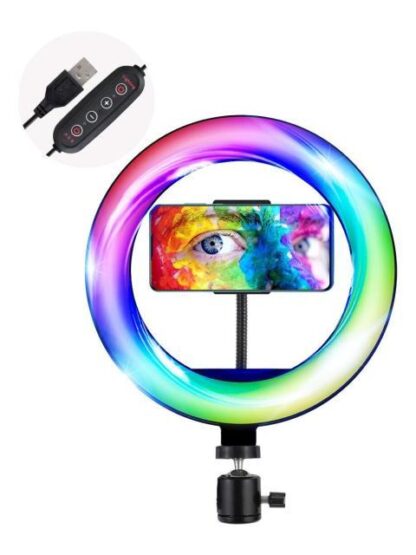 ARO DE LUZ LED RGB PROFESIONAL DE 20CM USB SOPORTE YOUTUBER COLOR NEGRO