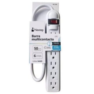 BARRA MULTIPLECONTACTO NEXTEP NE240 6 CONTACTOS ATERRIZADOS SUPRESOR 490J CABLE 50CM 16AWG COLOR BLANCO CASA Y OFICINA