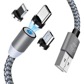 CABLE MAGNETICO DE CARGA RAPIDA 3 EN 1  TIPO C MICRO USB Y LIGHTNING CON CONECTORES MAGNETICOS INTERCAMBIABLES SMARTPHONES TABLETS Y DISPOSITIVOS ELECTRONICOS COLOR PLATA