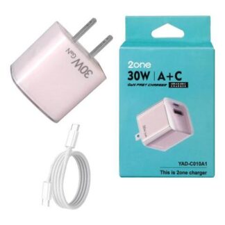 CARGADOR 30W CARGA RAPIDA USB Y TIPO C CON CABLE TIPO C TRENZADO TECNOLOGIA GAN INCLUYE COLOR ROSA