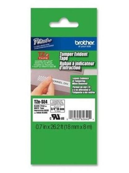 ETIQUETA BLANCA CONTINUA LAMINADA DE SEGURIDAD BROTHER TZESE4 DE 18 MM DE ANCHO X 8 MTS DE LARGO. IMPRESION EN NEGRO.