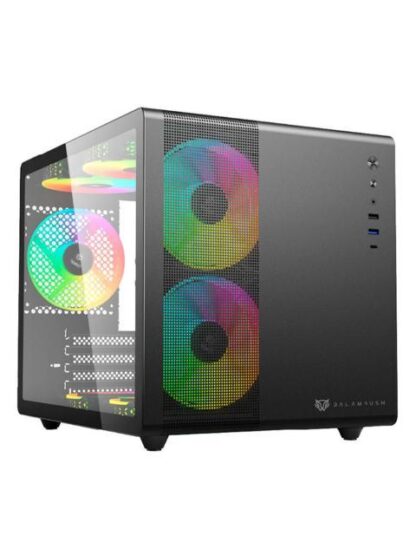 GABINETE BALAM RUSH TANK MINI GI930 CON VENTANA MINI-TOWER ITX-MINI-ATX USB 3.0-C SIN FUENTE 3 VENTILADORES ARGB INSTALADOS NEGRO