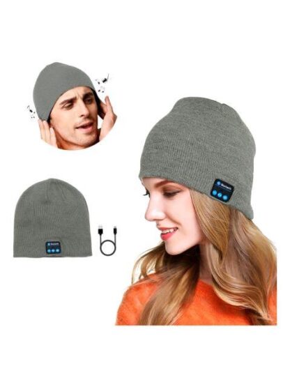GORRO BLUETOOTH  CON AUDIFONOS INALAMBRICOS AURICULARES RECARGABLES PARA MUSICA Y MANOS LIBRES COLOR GRIS CENIZA