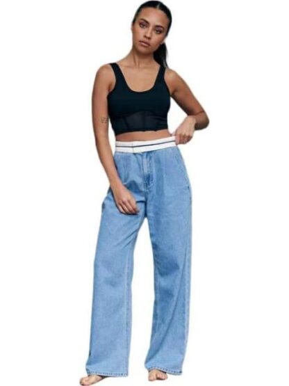 JEANS CORTE WIDE LEG CINTURA ALTA BLEACH ATMOSPHERE DNM