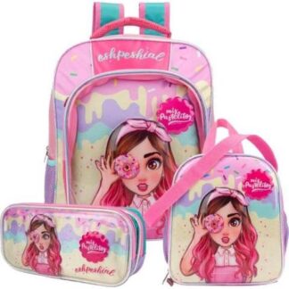 MOCHILA LAPICERA Y LONCHERA KIT ESCOLAR ROSA MIS PASTELITOS