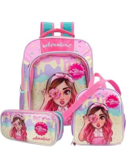MOCHILA LAPICERA Y LONCHERA KIT ESCOLAR ROSA MIS PASTELITOS