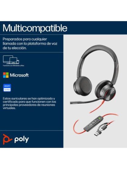 POLY AUDIFONOS CON MICROFONO BLACKWIRE 8225 ALAMBRICO 2.2 METROS USB C NEGRO