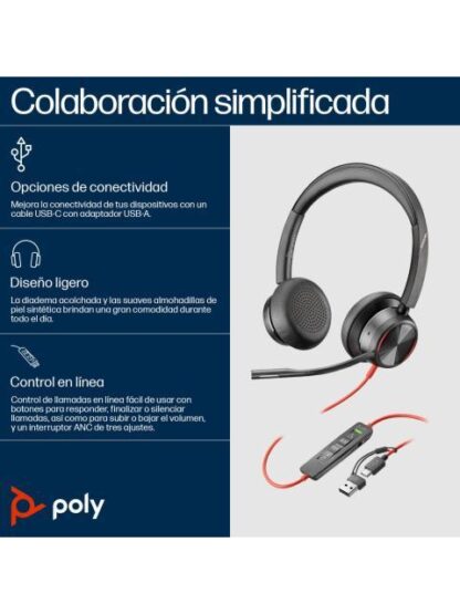 POLY AUDIFONOS CON MICROFONO BLACKWIRE 8225 ALAMBRICO 2.2 METROS USB C NEGRO - Image 3