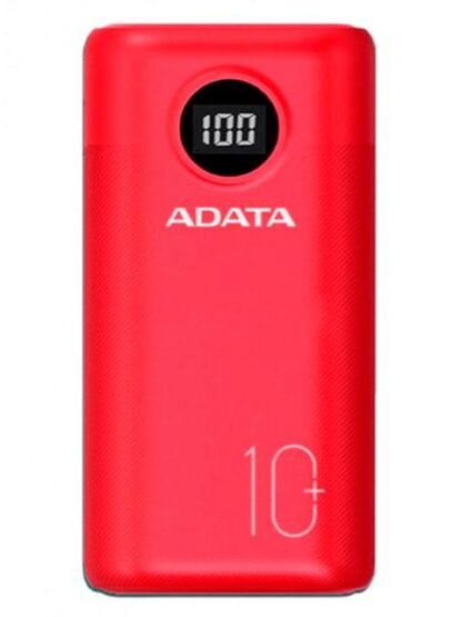 POWERBANK ADATA P10000QCD 10 000 MAH. DOS PUERTOS USBA Y UN PUERTO USBC CARGA TRES DISPOSITIVOS SIMULTANEAMENTE INDICADOR DE CARGA COLOR ROJO.