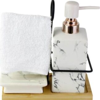 SET DE BAÑO DISPENSADOR + TOALLA + BASE BAMBU + J SET DE BAÑO DISPENSADOR DE JABON + TOALLA + BASE BLANCO BELA VIDA