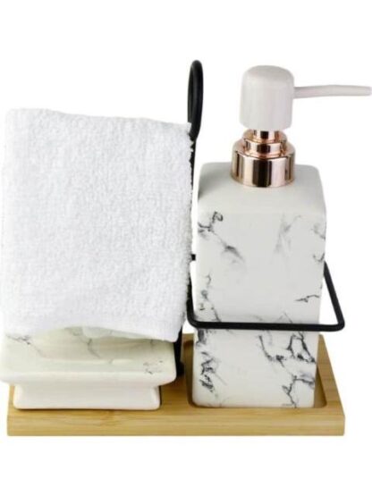 SET DE BAÑO DISPENSADOR + TOALLA + BASE BAMBU + J SET DE BAÑO DISPENSADOR DE JABON + TOALLA + BASE BLANCO BELA VIDA