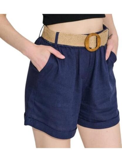 SHORT DE LINO CON CINTURON DE PAJA AZUL MARINO HOLLY LAND - Image 4