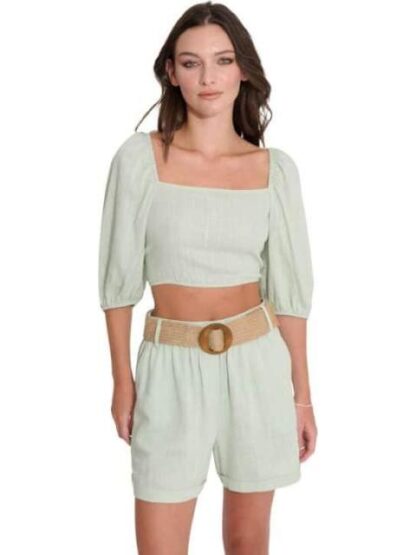 SHORT DE LINO CON CINTURON DE PAJA AZUL MENTA HOLLY LAND - Image 2
