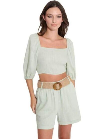 SHORT DE LINO CON CINTURON DE PAJA AZUL MENTA HOLLY LAND - Image 3