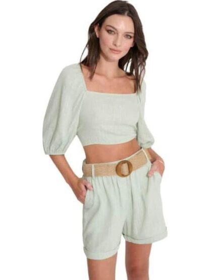 SHORT DE LINO CON CINTURON DE PAJA AZUL MENTA HOLLY LAND - Image 4