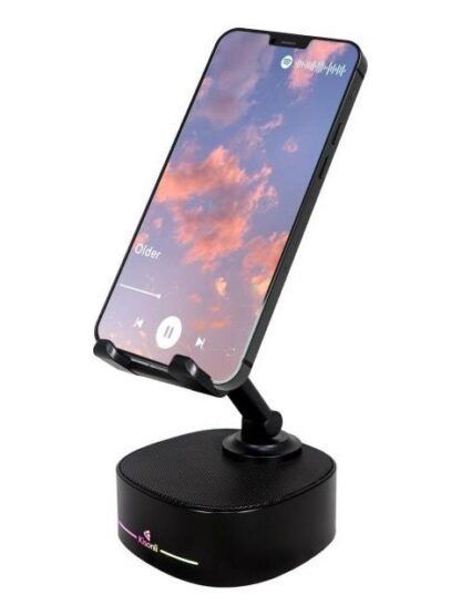 SOPORTE PARA CELULAR PLEGABLE  LUCES RGB CON BOCINA ALTAVOZ CARGADOR INALAMBRICA BLUETOOTH COLOR NEGRO