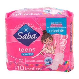TOALLA FEMENINA SABA TEENS DELGADA CON ALAS PAQUETE CON 10 PIEZAS