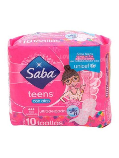 TOALLA FEMENINA SABA TEENS DELGADA CON ALAS PAQUETE CON 10 PIEZAS