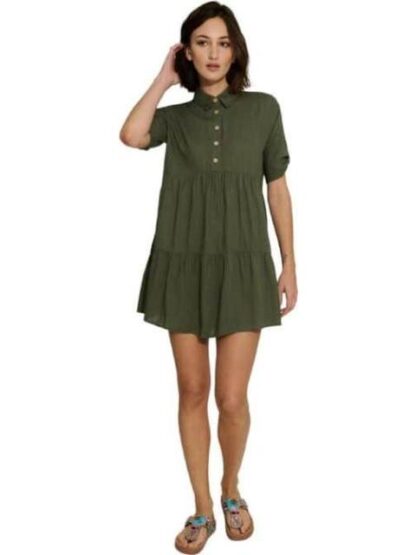 VESTIDO CORTO DE LINO VERDE OLIVO HOLLY LAND