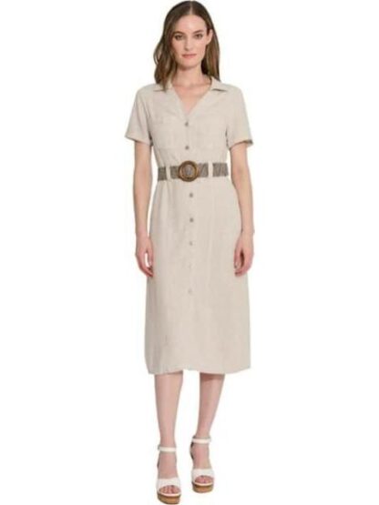 VESTIDO DE LINO CON CINTURON NUDE HOLLY LAND