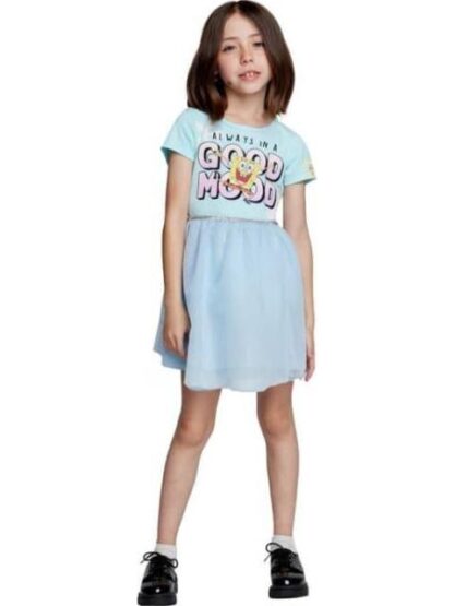 VESTIDO ESTAMPADO APLICACIONES AZUL MENTA BOB ESPONJA