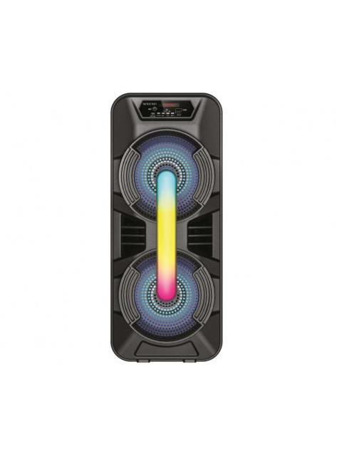 BAFLE KARAOKE NECNON BLUETOOTH DOBLE 8 PULGADAS NB08X TWS INCLUYE MICROFONO ALAMBRICO RADIO FM MICRO SD USB BARRA DE LUZ ILUMINACION LED 7400 WATTS DISPLA