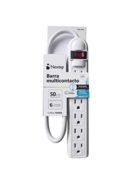 BARRA MULTIPLECONTACTO NEXTEP NE240 6 CONTACTOS ATERRIZADOS SUPRESOR 490J CABLE 50CM 16AWG COLOR BLANCO CASA Y OFICINA