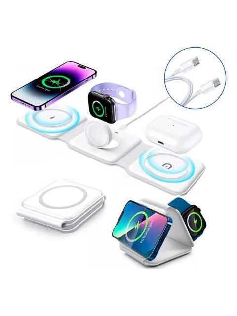 BASE CARGADOR INALAMBRICO PLEGABLE 3 EN 1 ESTACION DE CARGA PARA IPHONE BASE MAGNETICA PARA SMARTPHONE RELOJ AUDIFONOS DISPOSITIVOS APPLE Y ANDROID CARGA SEGURA COLOR BLANCO