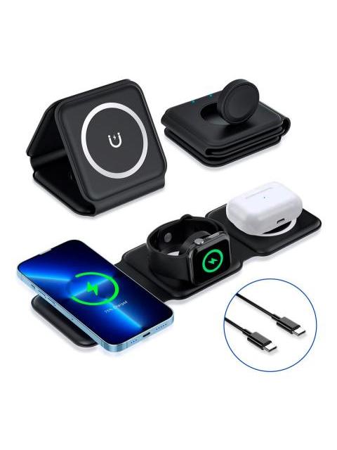 BASE CARGADOR INALAMBRICO PLEGABLE 3 EN 1 ESTACION DE CARGA PARA IPHONE BASE MAGNETICA PARA SMARTPHONE RELOJ AUDIFONOS DISPOSITIVOS APPLE Y ANDROID CARGA SEGURA COLOR NEGRO