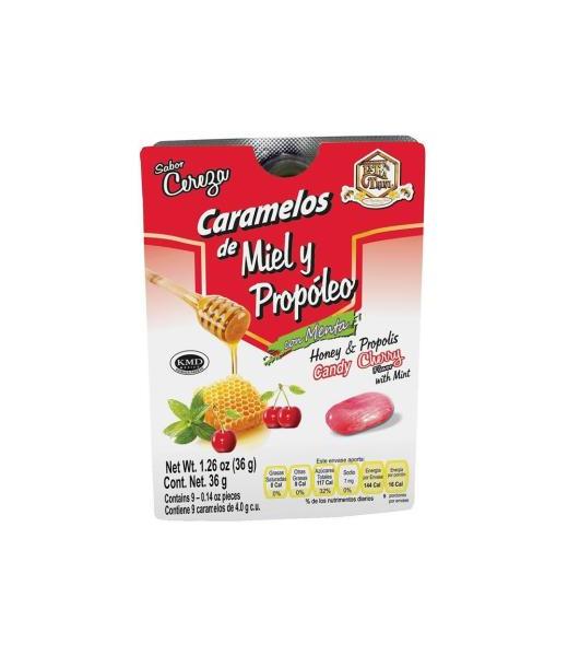 BLISTER CARAMELO DE MIEL Y PROPOLEO SABOR CEREZA C 9 PZAS. LA TIA TRINI