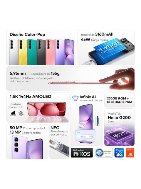 CELULAR INFINIX HOT 60 PRO+ AI PHONE CORAL DUAL SIM 16GB RAM 256GB ROM PANTALLA CURVA 3D AMOLED 15K 144HZ BATERIA 5160 MAH CARGA RAPIDA 45 W CAMARA SONY 50 MP DISEñO MODERNO NFCMTK G200 6NM - Image 3
