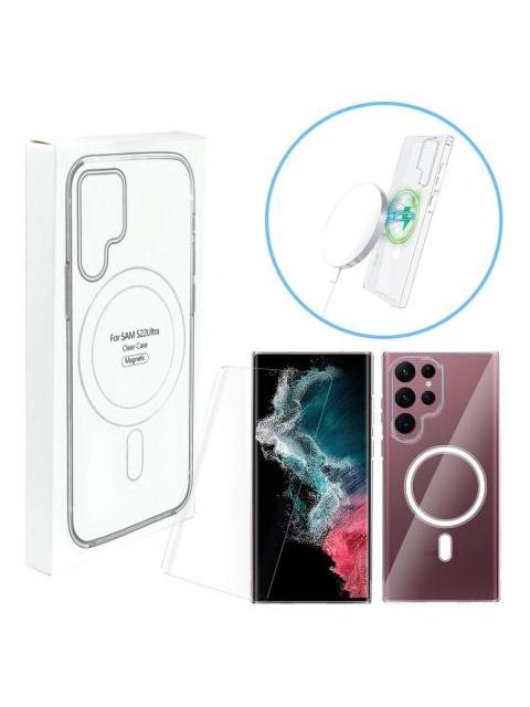 FUNDA CARGA MAGNETICA PARA SAMSUNG S22 ULTRA CASE MAGSAFE Y MICA PARA PANTALLA TRANSPARENTE LISO