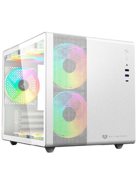 GABINETE BALAM RUSH TANK MINI GI930 CON VENTANA MINI-TOWER ITX-MINI-ATX USB 3.0-C SIN FUENTE 3 VENTILADORES ARGB INSTALADOS BLANCO