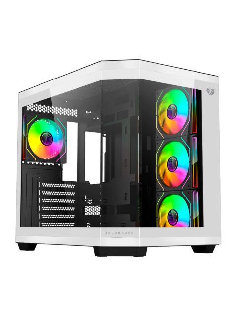 GABINETE BALAM RUSH TANK SUPER 9600 TB CON VENTANA RGB MIDI-TOWER ATX-MICRO-ATX-ITX USB 3.0-2.0 SIN FUENTE 4 VENTILADORES INSTALADOS BLANCO-NEGRO