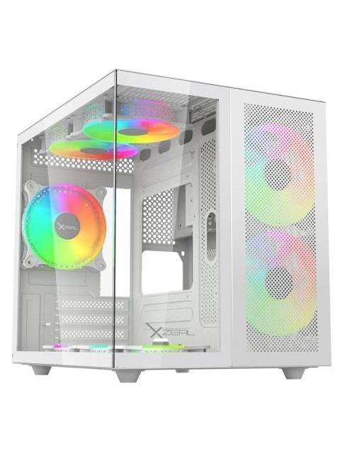 GABINETE XZEAL CXI1 CON VENTANA ARGB CUBO MICRO-ATX-MINI-ITX USB 3.0-1.1 SIN FUENTE 3 VENTILADORES ARGB INSTALADOS BLANCO