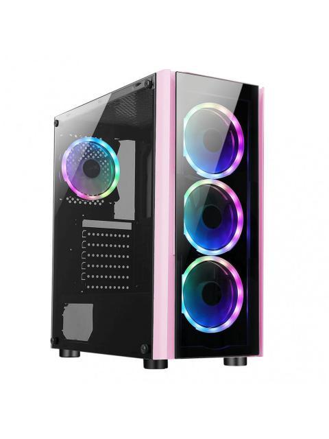 GABINETE XZEAL XZ110 CON VENTANA RGB TOWER ATX-MICRO ATX-MINI-ATX USB 3.0-2.0 SIN FUENTE 3 VENTILADORES RGB INSTALADOS ROSA