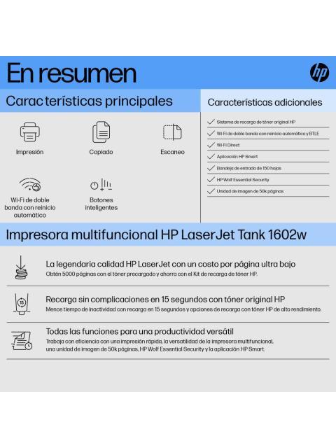 IMPRESORA MULTIFUNCIONAL HP LASERJET TANK MFP 1602W 2R3E8A 600 X 600 DPI 22 PPM 25000 PAGINAS - Image 9