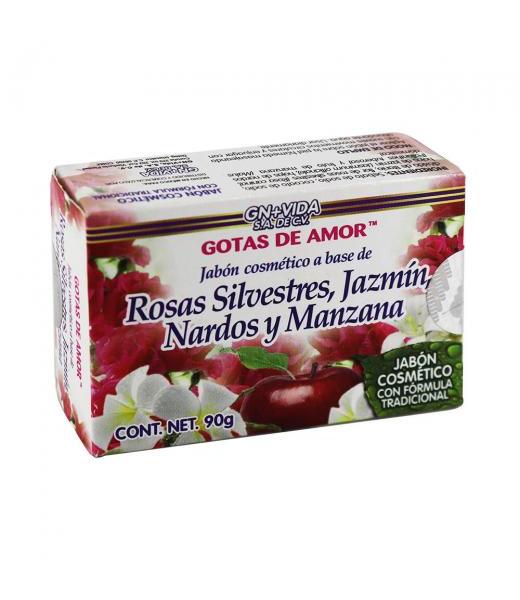 JABON GOTAS DE AMOR ROSAS SILVESTRESJAZMINNARDOS Y MANZANA 90GR GN+VIDA