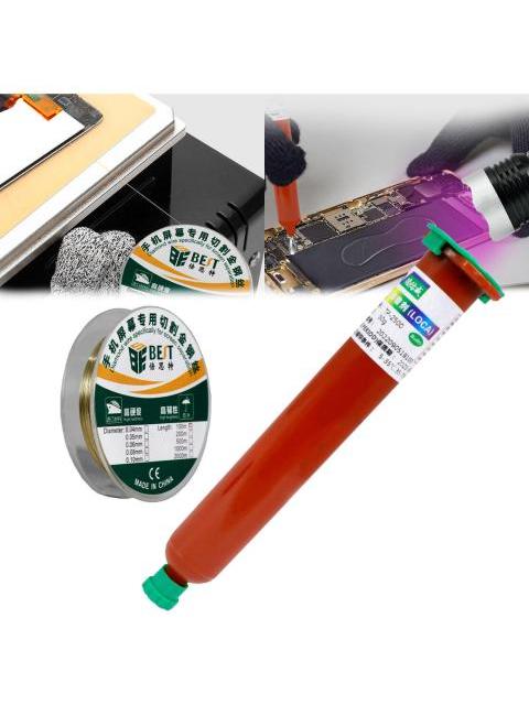 KIT DE REPARACION PARA CELULARES ROLLO DE HILO DE MOLIBDENO 0.8MM Y 100M PEGAMENTO UV TRANSPARENTE DE 50G IDEAL PARA SEPARACION DE PANTALLAS Y REPARACIONES CELULARES 2PZS