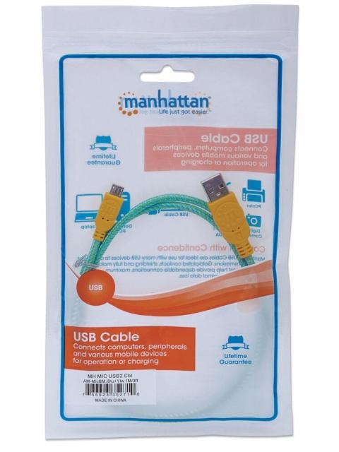 MANHATTAN CABLE CON RECUBRIMIENTO TEXTIL USB 2.0 A MACHO - MICRO USB 2.0 B MACHO 1 METRO TURQUESA-AMARILLO - Image 3